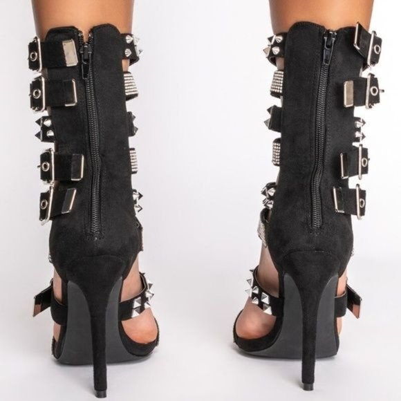 Xena Spiked & Studded: Black Suede Gladiator Stiletto Sandal  6 - Picture 4 of 5